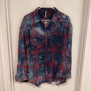 Free People Red and Blue Plaid Button Down Shirt
